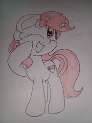 Size: 2448x3264 | Tagged: safe, artist:swivel starsong, part of a set, oc, oc only, oc:temmy, species:earth pony, species:pony, nation ponies, female, grin, mare, one eye closed, project seaponycon, raised hoof, singapore, smiling, solo, traditional art, wink