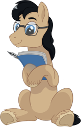 Size: 956x1500 | Tagged: safe, artist:crystalightrocket, oc, oc only, oc:paperback writer, species:earth pony, species:pony, 2020 community collab, derpibooru community collaboration, glasses, male, notebook, paper, quill, simple background, sitting, smiling, solo, stallion, transparent background, unshorn fetlocks
