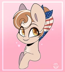 Size: 570x630 | Tagged: safe, artist:sakukitty, oc, oc only, oc:cinnamon spangled, species:earth pony, species:pony, bandana, bust, commission, cute, female, lip bite, mare, ocbetes, smiling, solo, updo, ych result