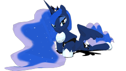 Size: 1280x720 | Tagged: safe, artist:wynnchi, character:princess luna, species:alicorn, species:pony, 3d, ethereal mane, female, galaxy mane, hoof shoes, lying down, mare, peytral, simple background, solo, transparent background