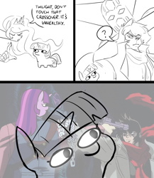 Size: 3467x4000 | Tagged: safe, artist:freehdmcgee, edit, edited screencap, screencap, character:princess celestia, character:twilight sparkle, species:alicorn, species:anthro, species:diamond dog, species:pony, species:unicorn, anime, clothing, comic strip, dialogue, getter one, getter robo, getter robo armageddon, getter robo e, glowing eyes, gun, long arms, long neck, nagare ryoma, question mark, realistic hand, ryoma nagare, scarf, shin getter robo, speech bubble, standoff, this will end in death, this will end in pain, twiggie, weapon