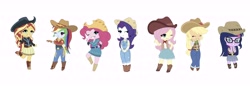 Size: 8752x3024 | Tagged: safe, artist:ocean-drop, character:applejack, character:fluttershy, character:pinkie pie, character:rainbow dash, character:rarity, character:sunset shimmer, character:twilight sparkle, character:twilight sparkle (scitwi), species:eqg human, episode:five to nine, equestria girls:dance magic, g4, my little pony: equestria girls, my little pony:equestria girls, spoiler:eqg specials, absurd resolution, adorable face, beautiful, belt, boots, chibi, clothing, cowboy boots, cowboy hat, cowgirl, cowgirl outfit, cute, dashabetes, diapinkes, eyes closed, female, hat, humane five, humane seven, humane six, jackabetes, jeans, one eye closed, overalls, pants, raribetes, rarihick, shimmerbetes, shoes, shyabetes, simple background, skirt, smiling, stetson, twiabetes, western, white background, wink