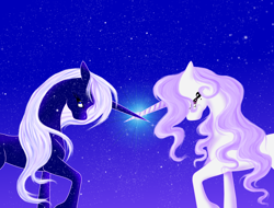 Size: 1852x1404 | Tagged: safe, artist:whitewing1, oc, oc only, species:pony, species:unicorn, female, horn, horns are touching, mare, night