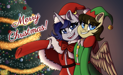 Size: 5894x3607 | Tagged: safe, artist:tyna, oc, oc only, oc:chance mccoy, oc:moonlit silver, species:pegasus, species:pony, species:unicorn, christmas, christmas tree, clothing, commission, costume, duo, female, hat, holiday, santa costume, santa hat, tree, ych result