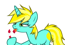 Size: 1700x1200 | Tagged: safe, artist:alfury, oc, oc only, oc:lemondime, species:pony, species:unicorn, bored, candy, candy cane, christmas, food, holiday, merry christmas, simple background, solo, tastes like christmas, transparent background, yellow mane