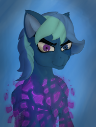Size: 2400x3200 | Tagged: safe, artist:littlepony115, oc, oc:rainflicker, species:pegasus, species:pony, abstract background, blue coat, blue mane, bust, chest fluff, commission, ear fluff, equine, heterochromia, magic, male, shoulder fluff, solo, stallion, two toned mane, two toned wings, wings
