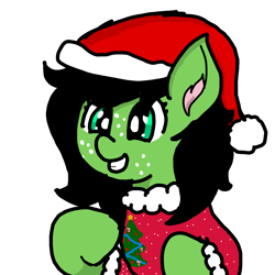 Size: 1440x1440 | Tagged: safe, artist:scotch, oc, oc only, oc:filly anon, christmas, christmas jumper, clothing, female, filly, hat, holiday, jumper, santa hat, simple background, smiling, solo, sweater, transparent background