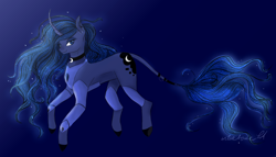 Size: 1600x915 | Tagged: safe, artist:nyota71, character:princess luna, species:pony, species:unicorn, armor, armored legs, choker, colored hooves, female, glowing mane, jewelry, leonine tail, mare, race swap, redesign, smiling, solo, tail jewelry, unicorn luna