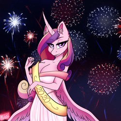 Size: 3607x3607 | Tagged: safe, artist:tyna, character:princess cadance, species:alicorn, species:anthro, species:pony, 2020, big breasts, breasts, busty princess cadance, cleavage, clothing, commission, dress, ear fluff, female, fireworks, happy new year, happy new year 2020, holiday, looking at you, mare, night, solo, ych result