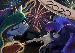 Size: 3926x2805 | Tagged: safe, artist:nookprint, character:princess celestia, character:princess luna, species:alicorn, species:pony, 2020, alcohol, bust, champagne, crown, duo, female, fireworks, floppy ears, glowing horn, happy new year 2020, high res, horn, jewelry, magic, magic aura, mare, new year, night, one eye closed, portrait, regalia, royal sisters, sky, smiling, telekinesis, three quarter view, trollestia, wink