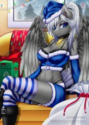 Size: 1200x1697 | Tagged: safe, artist:gyuumu, oc, oc only, oc:stellar phoenix, species:anthro, species:pegasus, g4, anthro oc, belly button, boots, bra strap, choker, christmas, christmas lights, clothing, ear fluff, ear piercing, earring, female, frilly underwear, gloves, hat, holiday, jewelry, long gloves, looking at you, mare, midriff, outfit, panties, pegasus oc, piercing, shoes, socks, stockings, strapless, striped socks, thigh highs, thong, tube top, underwear, wings, winter