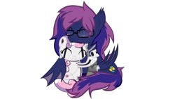 Size: 7680x4320 | Tagged: safe, artist:lincolnbrewsterfan, character:sweetie belle, oc, oc:bitmaker, species:bat pony, species:pony, friendship is witchcraft, sweetie bot, amputee, bat pony oc, cross necklace, cuddling, cute, cute smile, cutie pie, cyber legs, cyberpunk, diasweetes, duo, eyes closed, glasses, hug, jewelry, necklace, robot, robot pony, robotic arm, roboticization, simple background, transparent background