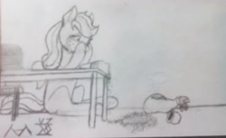 Size: 2560x1570 | Tagged: safe, artist:chancemccoy, character:applejack, character:pear butter, species:earth pony, species:pony, ash, crying, dark comedy, female, mare, money bag, sitting, traditional art, urn, we are going to hell