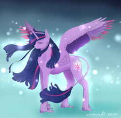 Size: 1920x1867 | Tagged: safe, artist:nyota71, character:twilight sparkle, character:twilight sparkle (alicorn), species:alicorn, species:pony, episode:the last problem, g4, my little pony: friendship is magic, colored hooves, colored wings, eyes closed, female, glowing cutie mark, glowing mane, leonine tail, mare, princess twilight 2.0, simple background, smiling, solo, spread wings, wings