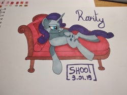 Size: 4000x3000 | Tagged: safe, artist:shooting star, character:rarity, species:pony, species:unicorn, bedroom eyes, copic, couch, female, mare, shading, smiling, smirk, solo, traditional art