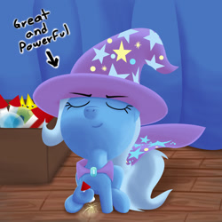 Size: 1920x1920 | Tagged: safe, artist:stellardust, derpibooru original, character:trixie, species:pony, species:unicorn, box, clothing, curtains, eyes closed, female, fireworks, hat, holding, mare, sitting, smiling, solo, stage