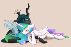 Size: 1280x848 | Tagged: safe, artist:spiritcookie, character:princess celestia, character:queen chrysalis, species:alicorn, species:changeling, species:pony, ship:chryslestia, changeling queen, cute, cutealis, cutelestia, female, floppy ears, lesbian, shipping, simple background, sleeping