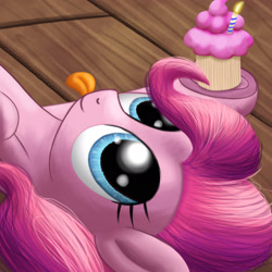 Size: 1920x1920 | Tagged: safe, artist:stellardust, derpibooru original, character:pinkie pie, species:earth pony, species:pony, birthday cupcake, blep, candle, cupcake, female, food, looking up, lying down, mare, smiling, solo, tongue out