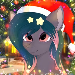 Size: 2160x2160 | Tagged: safe, artist:bellfa, oc, oc only, oc:star universe, species:pony, christmas, christmas lights, clothing, ethereal mane, female, galaxy mane, garland, happy, hat, holiday, mare, new year, santa hat, smiling, ych result
