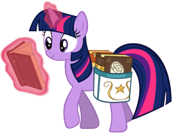 Size: 7147x5500 | Tagged: safe, artist:drfatalchunk, character:twilight sparkle, species:pony, species:unicorn, absurd resolution, book, female, magic, mare, reading, saddle bag, simple background, smiling, solo, transparent background, walking