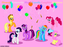 Size: 960x720 | Tagged: safe, artist:jac59col, character:applejack, character:fluttershy, character:pinkie pie, character:rainbow dash, character:rarity, character:twilight sparkle, character:twilight sparkle (alicorn), species:alicorn, species:pony, anniversary, balloon, clothing, confetti, hat, mane six, party cannon, party hat