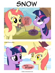 Size: 782x1022 | Tagged: safe, artist:eipred, character:twilight sparkle, oc, comic, snow, stahp