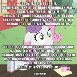 Size: 1000x1000 | Tagged: safe, artist:crystalightrocket, character:sweetie belle, species:pony, species:unicorn, blank stare, bronies are not diet furries, caption, coffee, cup, exploitable meme, female, image macro, leaning, mare, meme, notepad, obligatory pony, older, older sweetie belle, op is not trying to start shit, quote, solo, sudden clarity older sweetie belle, sudden clarity sweetie belle, text