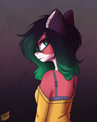 Size: 4677x5894 | Tagged: safe, artist:tyna, oc, oc only, species:anthro, species:pony, anthro oc, bra strap, clothing, commission, ear fluff, female, looking at you, looking back, looking back at you, looking over shoulder, mare, shoulderless, ych result