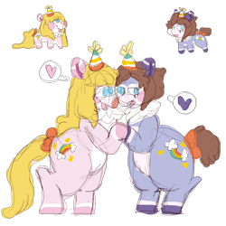 Size: 2000x2000 | Tagged: safe, artist:rigbythememe, oc, oc only, oc:tengo (rigbythememe), oc:una (rigbythememe), species:pony, species:unicorn, bow, clothing, clown, disproportional anatomy, female, hat, heart, mare, party hat, pictogram, simple background, sketch, transparent background, twins