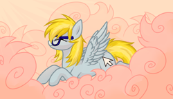 Size: 2160x1245 | Tagged: safe, alternate version, artist:alfury, base used, oc, oc only, oc:cloud cuddler, species:pegasus, species:pony, cloud, cutie mark, female, glasses, lying down, mouse cursor, solo, ych result