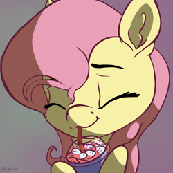 Size: 2000x2000 | Tagged: safe, artist:nookprint, character:fluttershy, species:pony, bust, cheek fluff, cute, drink, drinking, ear fluff, eyes closed, female, food, high res, mare, portrait, shyabetes, solo, straw, whipped cream