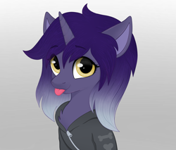 Size: 2048x1745 | Tagged: safe, artist:bellfa, oc, oc only, oc:blissful eve, parent:oc:nyx, parents:oc x oc, species:pony, species:unicorn, bust, clothing, female, gradient background, hoodie, jacket, looking at you, mare, offspring, parent:oc:dust rock, solo, tongue out, unicorn oc