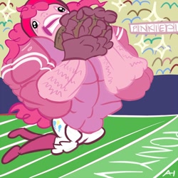 Size: 750x750 | Tagged: safe, artist:chiapetofdoom, character:pinkie pie, species:anthro, american football, hideous, muscles, overdeveloped muscles, sports, wat