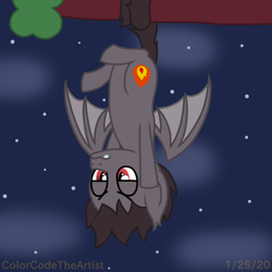 Size: 1536x1536 | Tagged: safe, artist:colorcodetheartist, species:bat pony, species:pony, bored, damien thorn, dangling, hanging, hanging by tail, hanging upside down, night, ponified, south park, tree branch