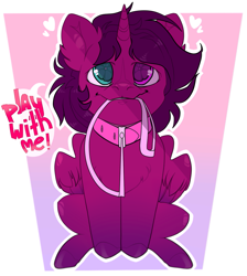 Size: 1163x1296 | Tagged: safe, artist:honeytoxant, oc, oc only, species:alicorn, species:pony, abstract background, alicorn oc, collar, heart, heterochromia, looking up, mouth hold, pet play, smiling, speech, ych result
