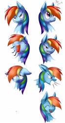 Size: 1600x3000 | Tagged: safe, artist:mysteryart716, character:rainbow dash, species:pegasus, species:pony, angry, bust, cute, dashabetes, expressions, eyes closed, female, happy, mare, multeity, open mouth, portrait, screaming, shout, simple background, smiling, solo, white background, yawn