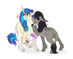 Size: 1083x887 | Tagged: safe, artist:echabi, character:dj pon-3, character:octavia melody, character:vinyl scratch, species:mule, species:pony, species:unicorn, ship:scratchtavia, bouquet, female, flower, hybrid, kissing, leonine tail, lesbian, shipping, simple background, species swap, transparent background