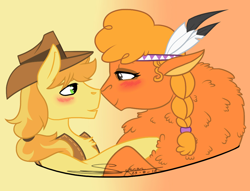 Size: 1088x830 | Tagged: safe, artist:tejedora, edit, character:braeburn, character:little strongheart, species:buffalo, species:earth pony, species:pony, ship:braeheart, cropped, female, male, shipping, straight