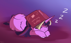 Size: 2279x1380 | Tagged: safe, artist:nookprint, character:twilight sparkle, character:twilight sparkle (unicorn), species:pony, species:unicorn, book, book on head, cute, eyes closed, female, gradient background, mare, onomatopoeia, prone, sleeping, solo, sound effects, twiabetes, unshorn fetlocks, zzz