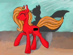 Size: 1166x875 | Tagged: safe, artist:penkatshi, oc, oc only, oc:pun, species:earth pony, species:pony, ask pun, ask, eyes closed, female, mare, pencil, smiling, solo, walking