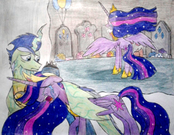Size: 1158x902 | Tagged: safe, artist:mlptmntdisneykauane, character:twilight sparkle, character:twilight sparkle (alicorn), species:alicorn, species:pony, episode:the last problem, g4, my little pony: friendship is magic, crossover, crown, crying, duo, eyes closed, female, gravestone, immortality blues, jewelry, leonardo, male, mare, ponified, princess twilight 2.0, regalia, sad, stallion, story in the source, story included, tears of sadness, teary eyes, teenage mutant ninja turtles, tiara, tmnt mutant apocalypse, traditional art, twilight will outlive her friends