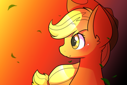 Size: 1500x1000 | Tagged: safe, artist:dddreamdraw, character:applejack, species:earth pony, species:pony, blushing, bust, clothing, cute, female, freckles, gradient background, hat, jackabetes, leaves, mare, orange background, smiling, solo