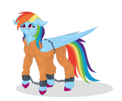 Size: 1920x1600 | Tagged: safe, artist:nyota71, character:rainbow dash, species:pegasus, species:pony, ankle chain, bound wings, chains, clothing, colored hooves, commission, cuffs, female, jumpsuit, mare, never doubt rainbowdash69's involvement, prison outfit, prisoner, prisoner rd, sad, shackles, simple background, solo, transparent background, uniform, wings