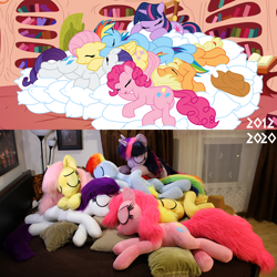 Size: 1680x1680 | Tagged: safe, artist:electronvolt, artist:kp-shadowsquirrel edits, artist:ponimalion, character:applejack, character:fluttershy, character:pinkie pie, character:rainbow dash, character:rarity, character:twilight sparkle, species:earth pony, species:pegasus, species:pony, species:unicorn, bed, cuddle puddle, cuddling, cute, defictionalization, golden oaks library, irl, library, mane six, photo, pillow, pony pile, sleeping, weapons-grade cute