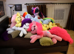 Size: 4759x3456 | Tagged: safe, artist:ponimalion, character:applejack, character:fluttershy, character:pinkie pie, character:rainbow dash, character:rarity, character:twilight sparkle, bed, cuddle puddle, cuddling, cute, irl, mane six, photo, pillow, pony pile, sleeping, weapons-grade cute