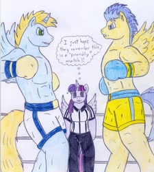 Size: 846x940 | Tagged: safe, artist:jose-ramiro, character:flash sentry, character:twilight sparkle, character:twilight sparkle (alicorn), oc, oc:harmony star, species:alicorn, species:anthro, species:pony, alicorn oc, boxing, boxing gloves, clothing, partial nudity, sports, text, thought bubble, topless, traditional art