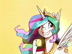 Size: 1400x1050 | Tagged: safe, artist:ilacavgbmjc, character:princess celestia, species:alicorn, species:pony, crown, cute, cutelestia, female, hoof shoes, jewelry, mare, one eye closed, regalia, simple background, smiling, solo, wink, yellow background