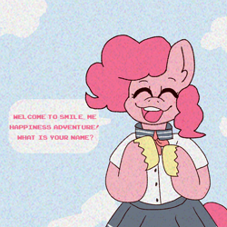 Size: 2000x2000 | Tagged: safe, artist:rigbythememe, character:pinkamena diane pie, character:pinkie pie, species:anthro, species:earth pony, species:pony, alternate universe, anime, clothing, female, game, school uniform, schoolgirl, smile.me happiness adventure, solo, video game