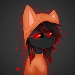 Size: 1280x1280 | Tagged: safe, artist:bellfa, oc, oc only, oc:sunightfox, species:earth pony, species:fox, species:pony, black background, black oc, black pony, clothing, costume, cute, eye contact, male, only male, original art, red and black oc, red eyes, simple background, solo