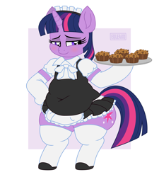 Size: 4500x5000 | Tagged: safe, artist:whistrid, character:twilight sparkle, character:twilight sparkle (unicorn), species:pony, species:unicorn, absurd resolution, apple brown betty (food), belly, bipedal, blushing, chubby, chubby twilight, clothing, cute, fat, female, food, lidded eyes, maid, mare, movie accurate, plate, twiabetes, twilard sparkle, wide hips
